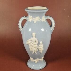 Vintage Victorian Style Ceramic Vase Made In Japan, In White And Blue, 1950s